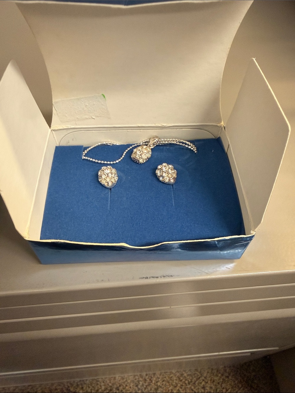 Avon Silver Tone Pave Pear Drop Necklace and Stud Earrings Gift Set New in Box